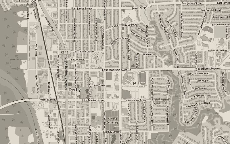 Street map of central Derby, Kansas, with East Madison Avenue running across the middle and the Arkansas River along the left edge