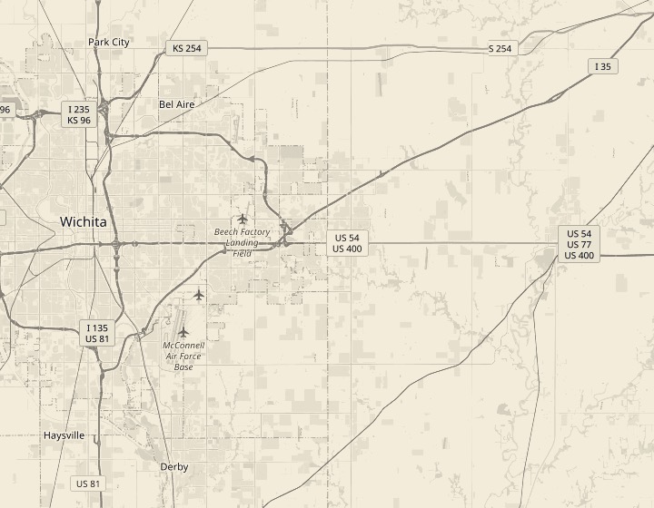 Map of Wichita and the towns to its east and south, with Groundwork's office on North Rock Road and the towns it serves marked
