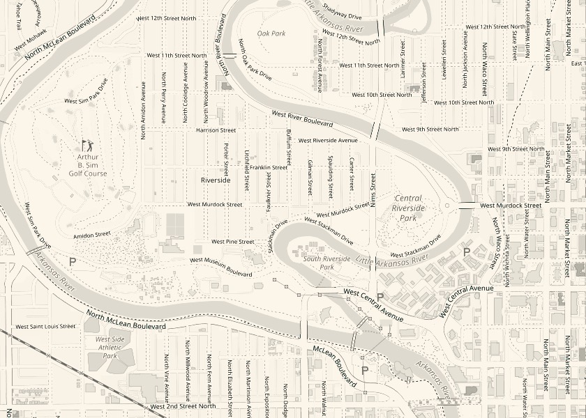 Street map of the Riverside neighborhood of Wichita, with the Little Arkansas River and Riverside Park, and a pin at West Murdock Street and North Porter Street