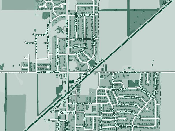 Street map of Rose Hill, Kansas, with Rose Hill Road running north to south and the rail line crossing on a diagonal, a pin just west of town on Silknitter Street