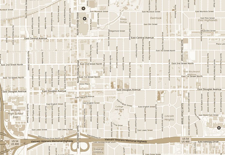 Street map of east Wichita between Central Avenue and Kellogg, showing Hillside Street, Oliver Street and College Hill Park