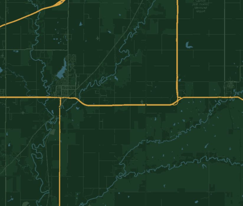 Map of the country southeast of Augusta, Kansas: US-400 running east out of town and a creek winding through farmland below it, with the orchard marked beside the creek