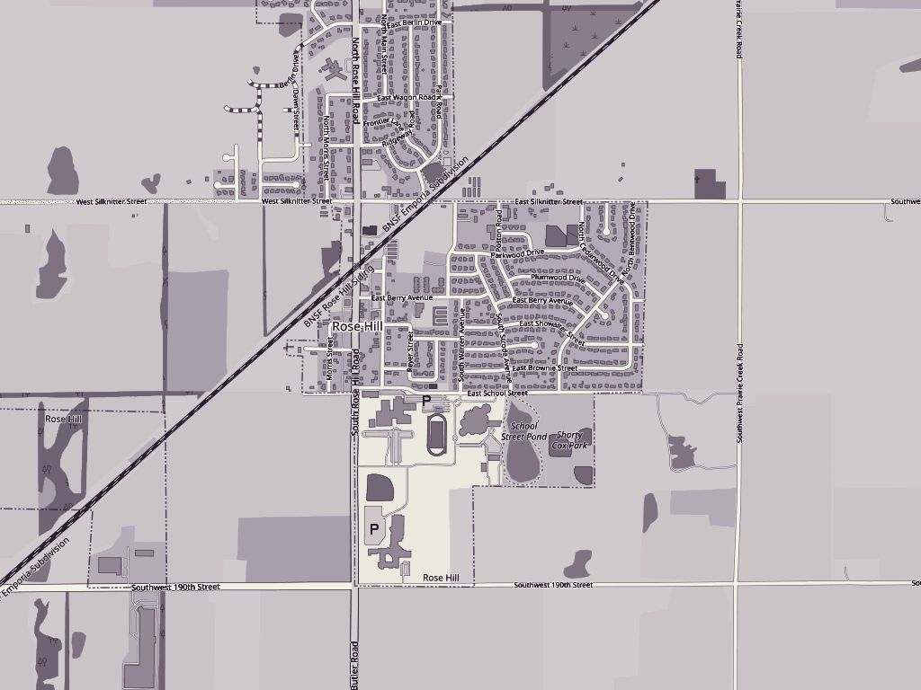 Street map of Rose Hill, Kansas, in muted plum tones, with a pin in the neighbourhood east of South Rose Hill Road near Plumwood Drive