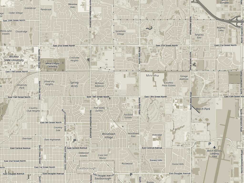 Street map of east Wichita between Oliver and Webb, from 21st Street down to Douglas, with the school marked in a residential block