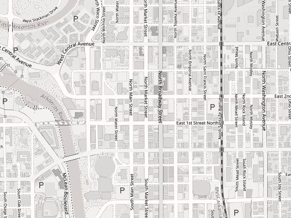 Street map of downtown Wichita with the office marked on North Market Street between 1st and 2nd Streets