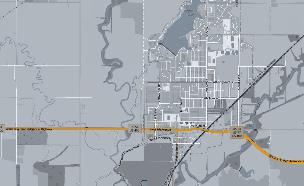 Map of Augusta, Kansas, with US-54 running east and west through town and the shop marked on the north side of the highway west of the Whitewater River