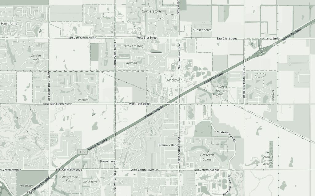 Street map of Andover, Kansas, showing 13th Street, 21st Street, Andover Road and the Kansas Turnpike