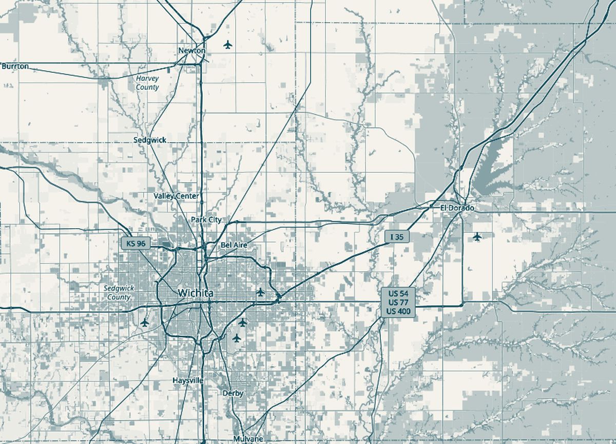 Map of Sedgwick and Butler counties with Wichita at the centre, marked with the number of public pantries in each town