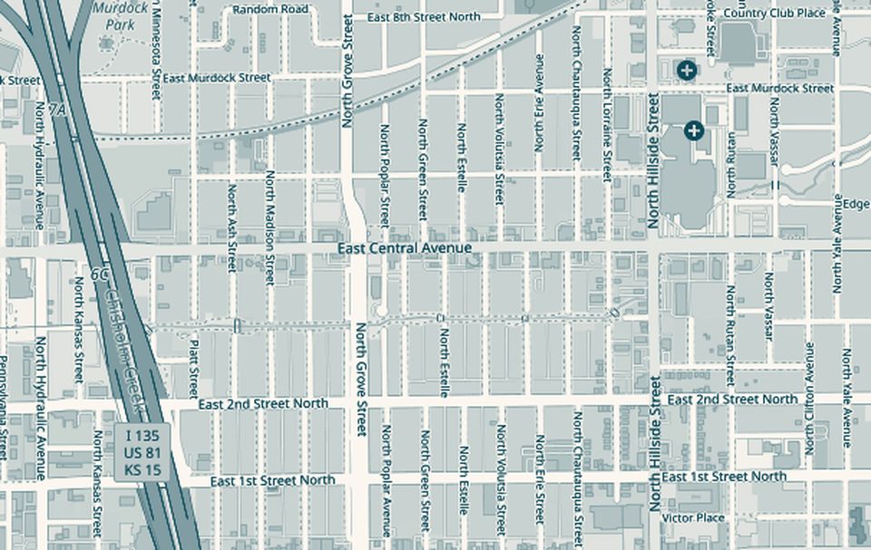 Street map of East Central Avenue in Wichita between Grove and Hillside, with a pin on Central marking the warehouse
