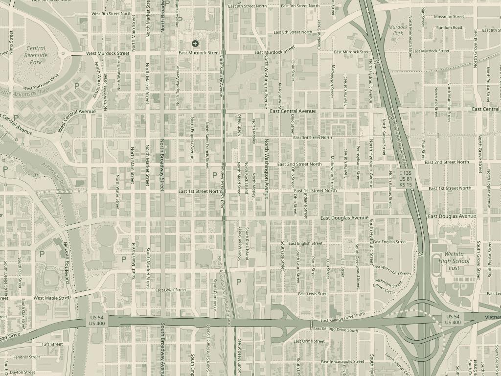 Street map of downtown and east Wichita, with East Douglas Avenue running across the middle and the shop marked near Washington Avenue