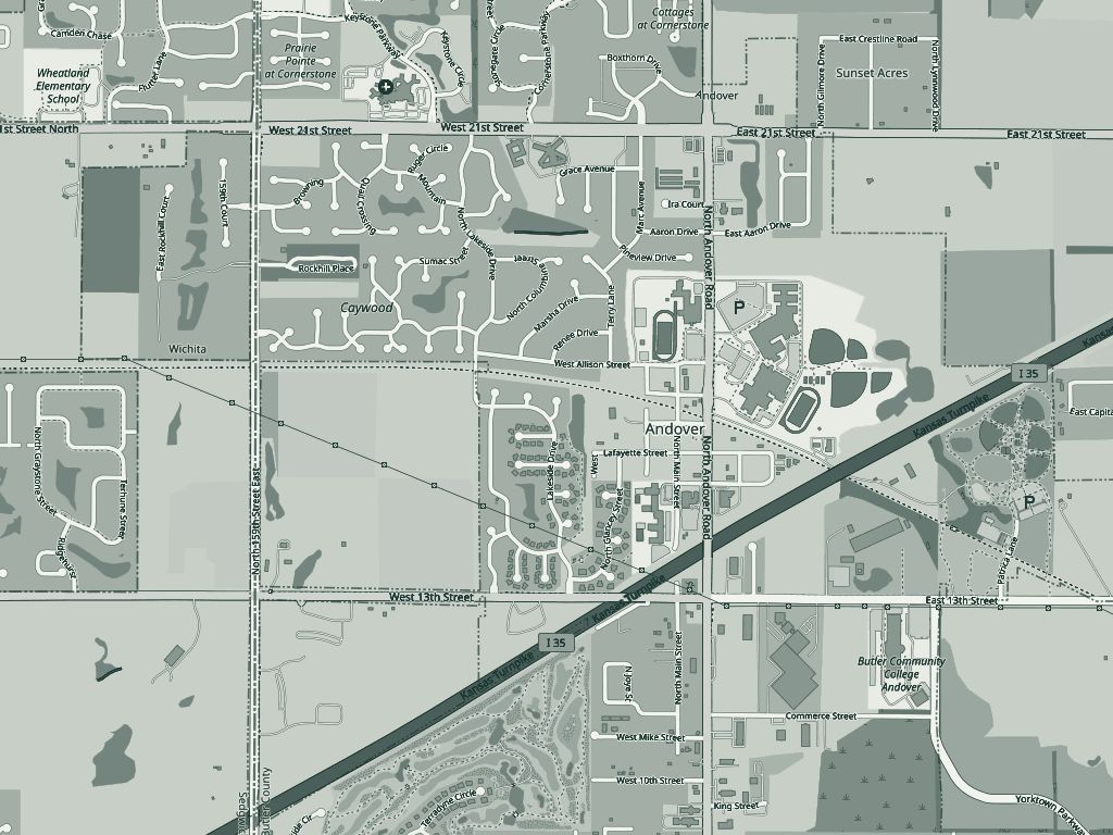 Street map of central Andover, Kansas, showing North Andover Road, 13th and 21st Streets and the Kansas Turnpike, with the office marked on North Main Street