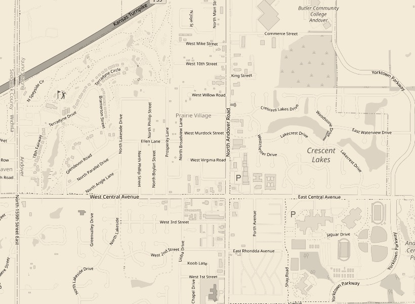 Street map of Andover, Kansas, with a pin on North Andover Road just north of West Central Avenue