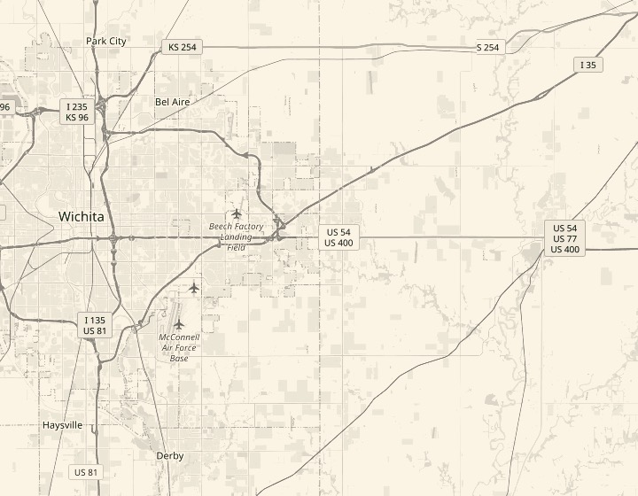Map of Wichita and the towns to its east and south with six Harvest Box pickup sites marked, from Riverside in Wichita out to Augusta and Rose Hill