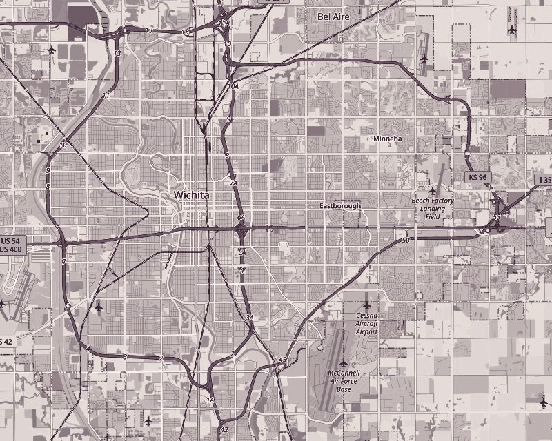 Street map of Wichita, Kansas, with a ring drawn five miles around the shop near downtown, covering most of the city