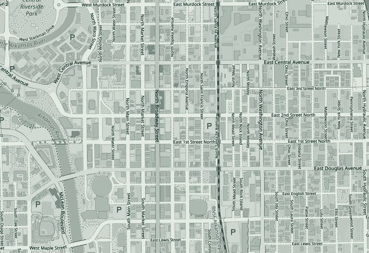 Street map of downtown Wichita and Old Town, with the Arkansas River to the west and a marker near 2nd Street and Rock Island