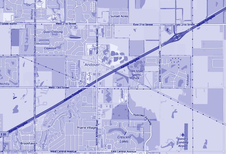 Street map of Andover, Kansas, showing Andover Road, 13th Street and the Kansas Turnpike, with a marker on Andover Road south of 13th Street