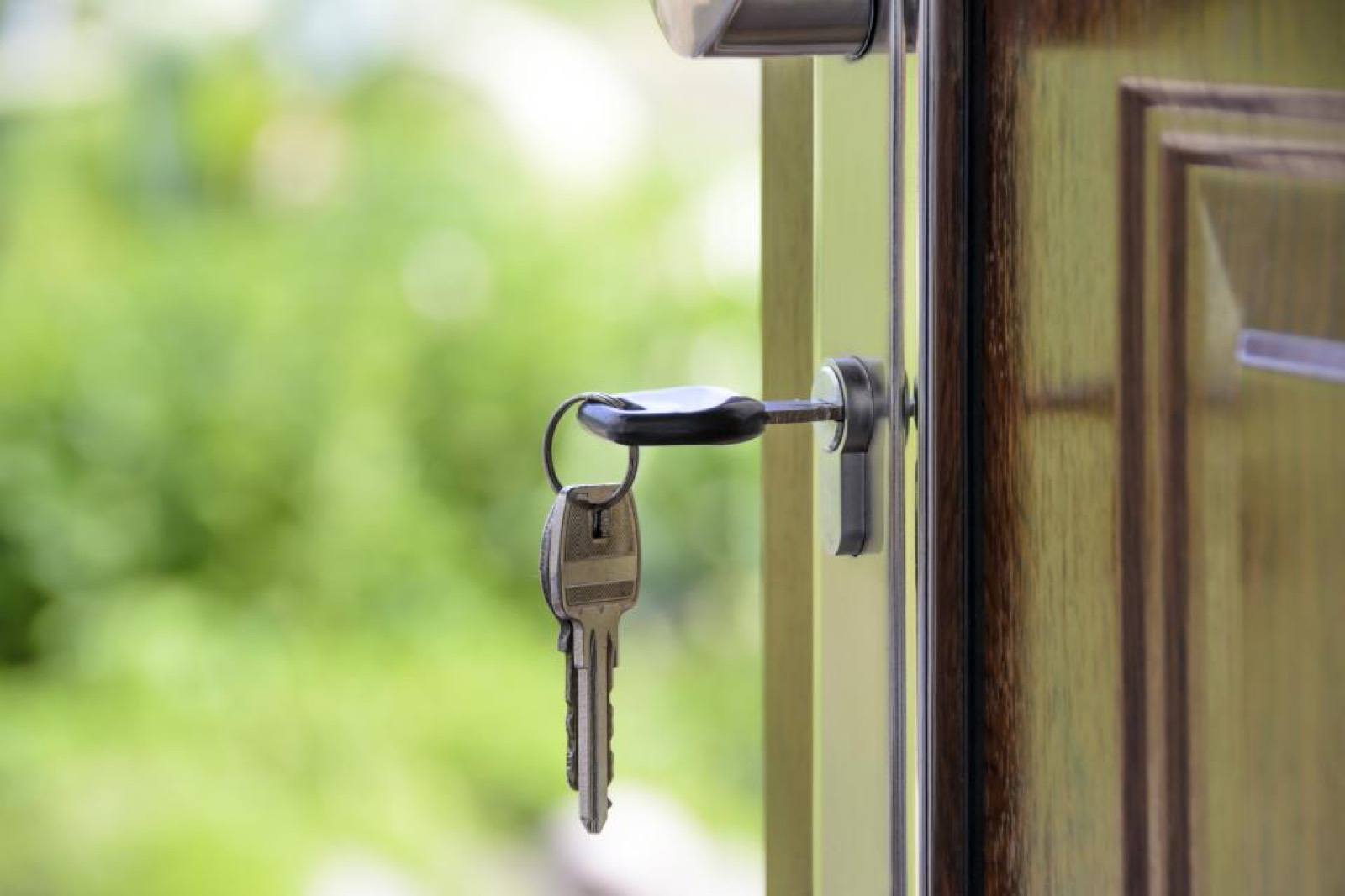 A set of keys hanging from the lock of an open front door, with a green garden blurred beyond