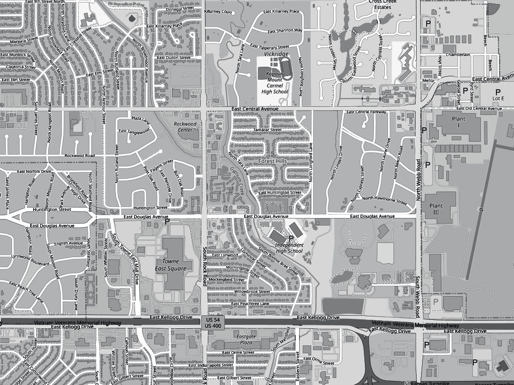 Street map of east Wichita showing East Central Avenue, Rock Road, Webb Road and Kellogg, with the office marked on East Central west of Rock Road