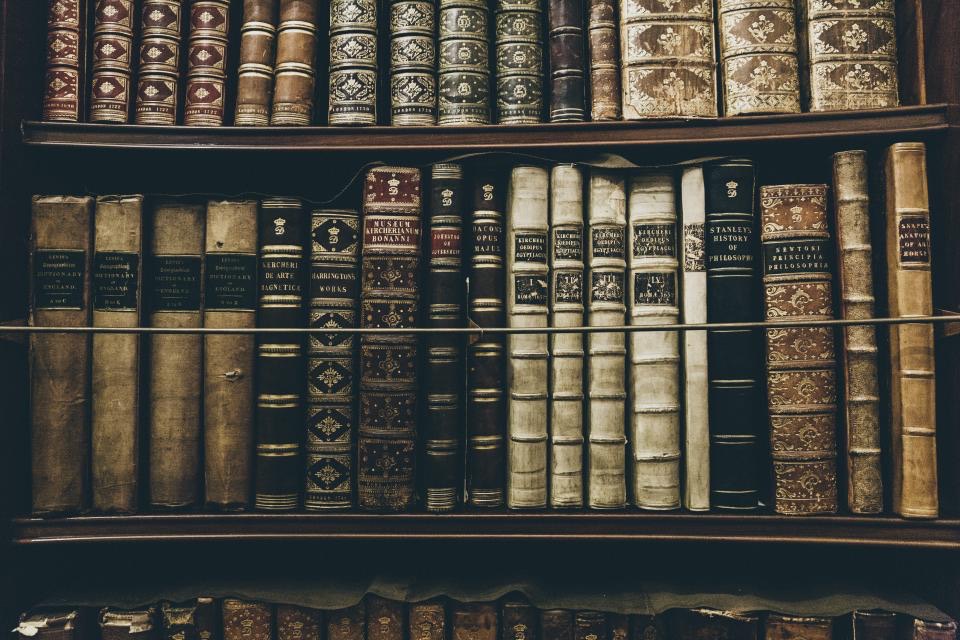 A wooden library shelf of old leather-bound books with gilt lettering on their spines