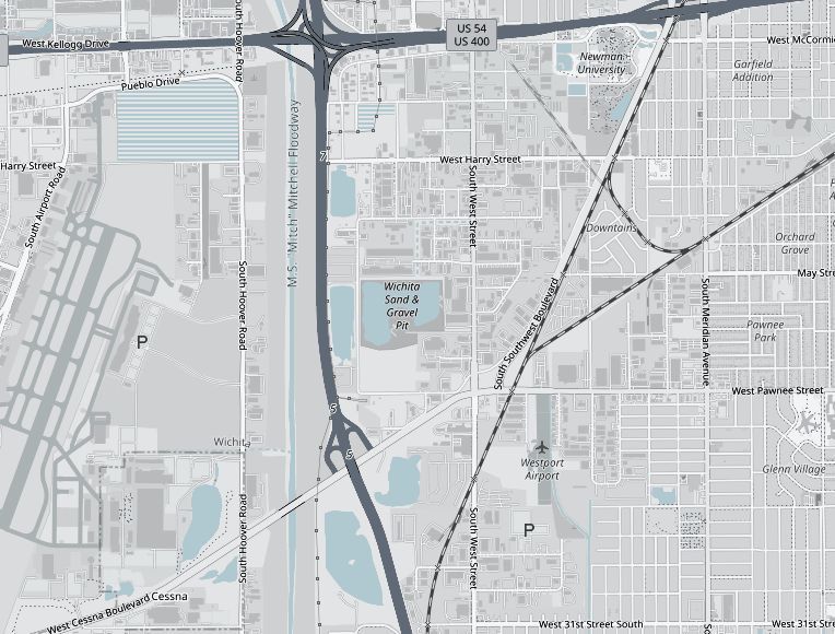 Street map of south Wichita between Kellogg and 31st Street South, with the shop on South West Street between Harry and Pawnee