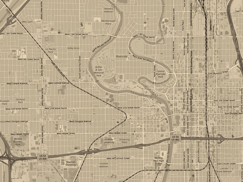 Street map of west-central Wichita showing the Arkansas River, Delano and the delivery ring around the shop on West Douglas