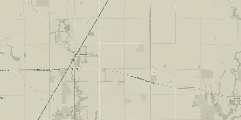 Map of the country north of Whitewater, Kansas, showing the town, the diagonal rail line and Kansas Highway 196