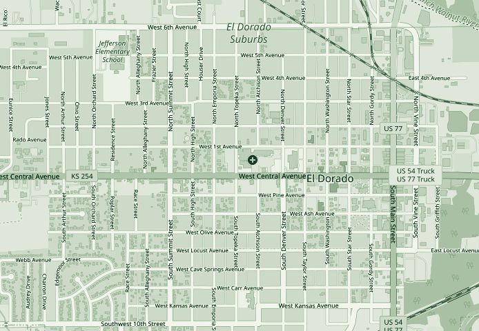 Street map of downtown El Dorado, Kansas, with West Central Avenue running across the middle and Main Street at the east end
