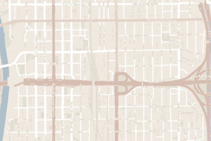 Street map of downtown Wichita between Douglas Avenue and Kellogg, with the Arkansas River on the left and the coffee bar marked on Commerce Street