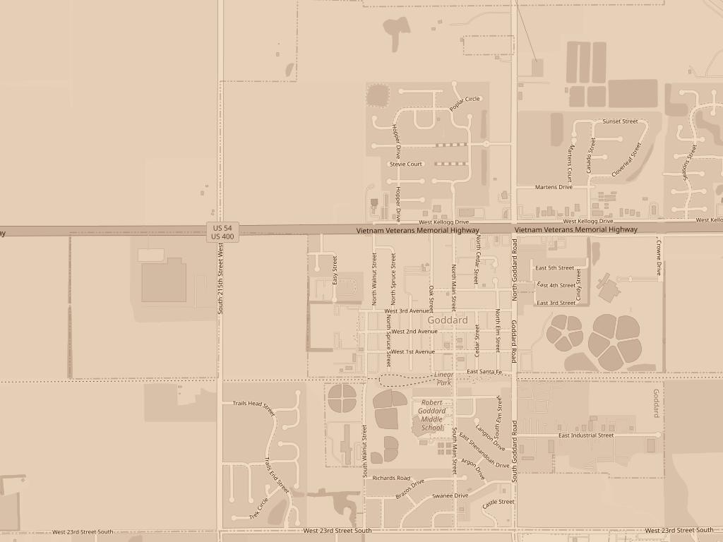 Street map of Goddard, Kansas, with Kellogg running across the top and Main Street through the middle of town