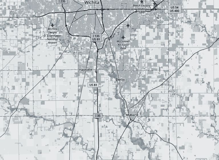 Map of south Sedgwick County and the edge of Butler County, showing Derby with Haysville to the west, Mulvane to the south along the Arkansas River, and McConnell Air Force Base and south Wichita to the north, with a dashed ring marking about a fifteen-mile radius around Derby