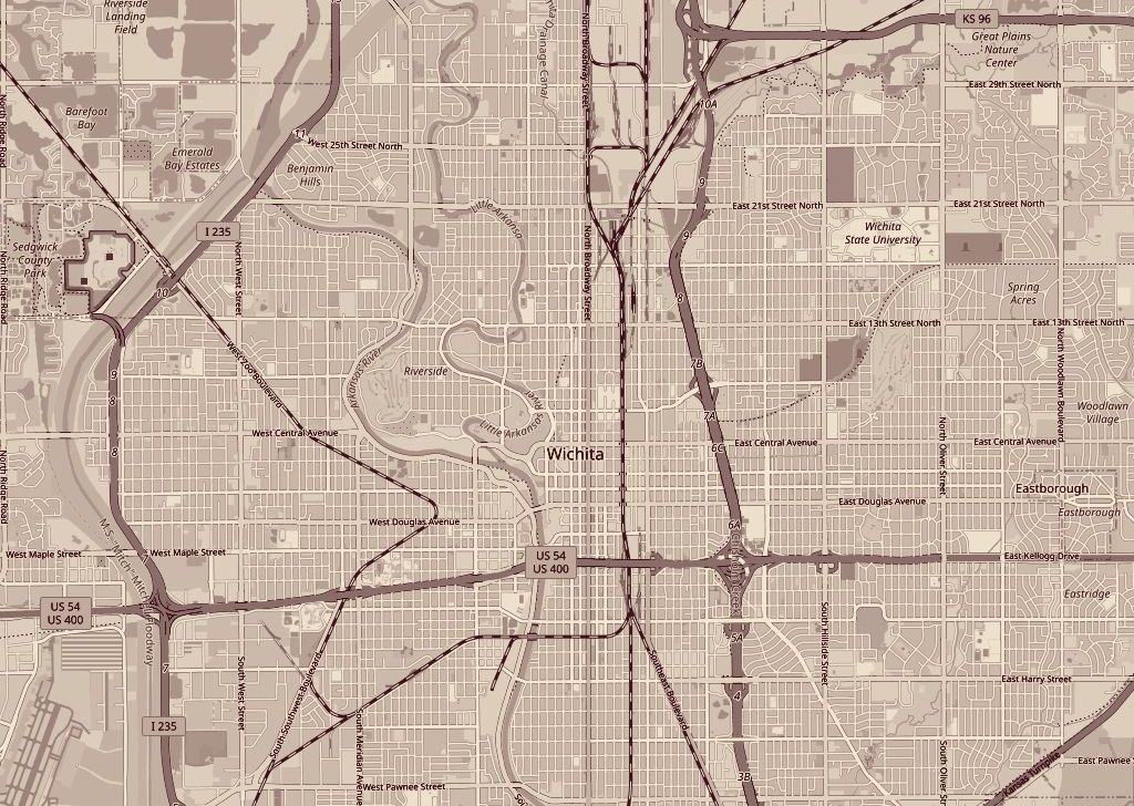 Street map of Wichita with the restaurant marked on East Central Avenue near Oliver, and the catering delivery area around the city