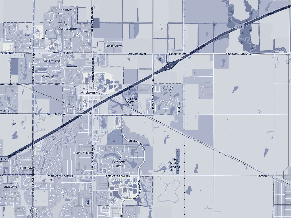 Street map of Andover, Kansas, with the turnpike running diagonally, 21st Street, 13th Street and Central Avenue, and the campus marked on open land east of town